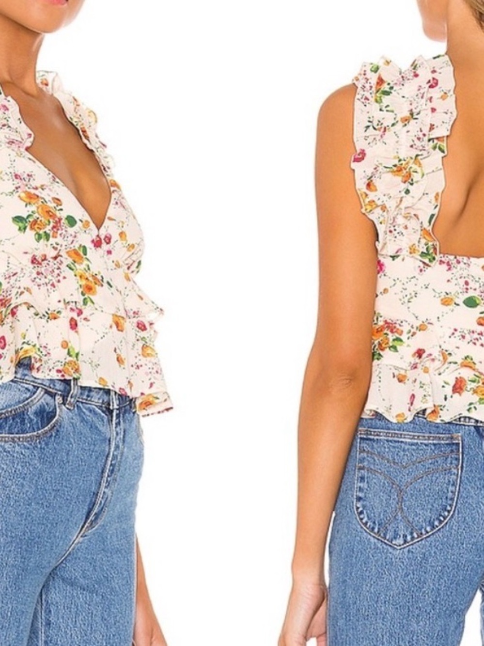 House of Harlow 1960 Cream Floral Ruffle V-Neck Tank